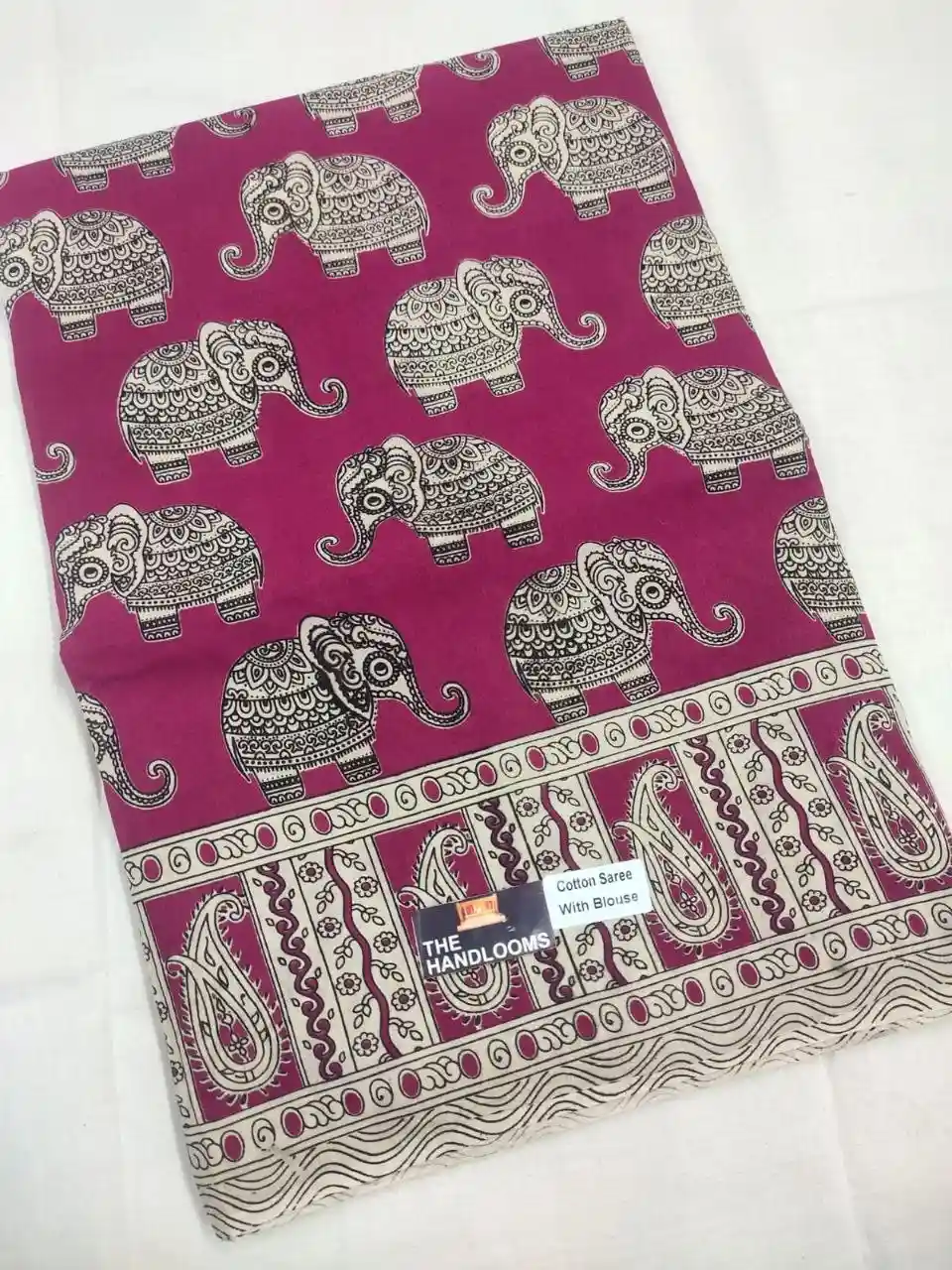 Rani Pink Heritage Elephant Kalamkari Pure Handloom Cotton Saree